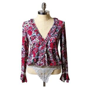 Free People Intimately Floral Bodysuit XS Red Pink Ruffle Lace‎ Trim Blouse Top